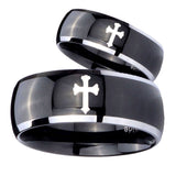 His Hers Flat Christian Cross Dome Glossy Black 2 Tone Tungsten Custom Ring Set