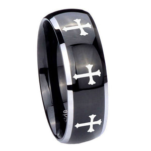 10mm Multiple Christian Cross Dome Glossy Black 2 Tone Tungsten Men's Ring