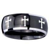 10mm Multiple Christian Cross Dome Glossy Black 2 Tone Tungsten Men's Ring