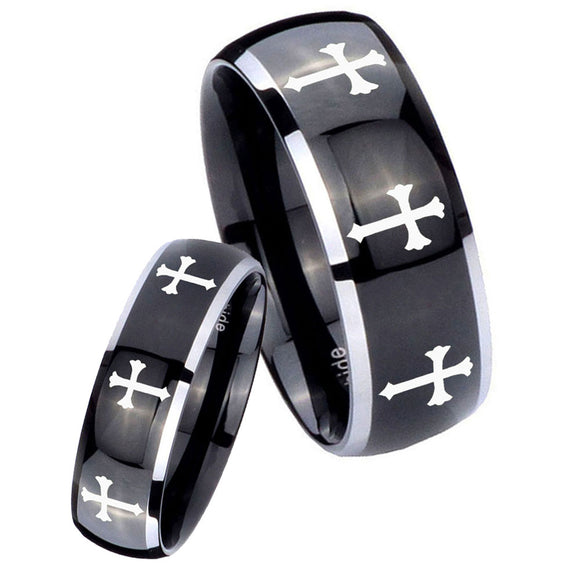 His Hers Multiple Christian Cross Dome Glossy Black 2 Tone Tungsten Mens Bands Ring Set