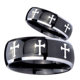 His Hers Multiple Christian Cross Dome Glossy Black 2 Tone Tungsten Mens Bands Ring Set