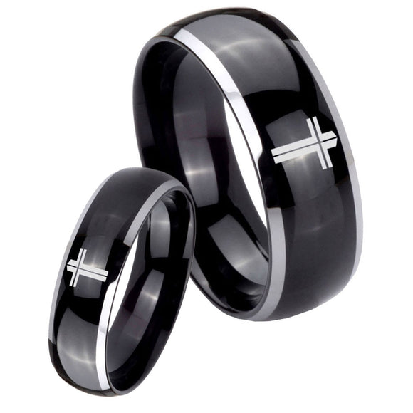 His Hers Flat Christian Cross Dome Glossy Black 2 Tone Tungsten Mens Bands Ring Set