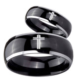 His Hers Flat Christian Cross Dome Glossy Black 2 Tone Tungsten Mens Bands Ring Set