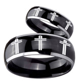 His Hers Multiple Christian Cross Dome Glossy Black 2 Tone Tungsten Rings Set