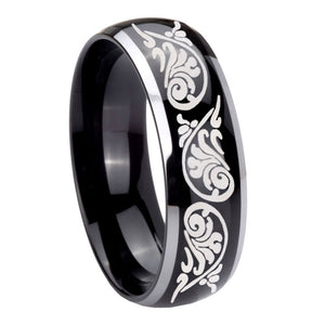 10mm Etched Tribal Pattern Dome Glossy Black 2 Tone Tungsten Carbide Mens Ring