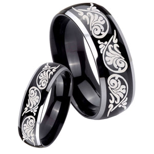 His Hers Etched Tribal Pattern Dome Glossy Black 2 Tone Tungsten Mens Ring Set