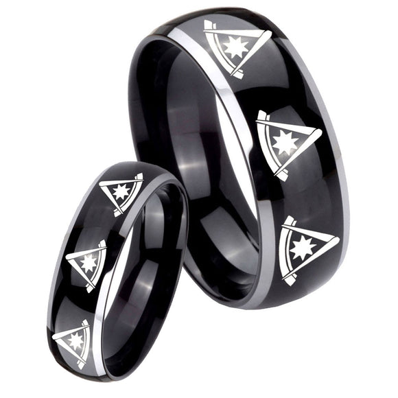 His Hers Multiple Pester Master Masonic Dome Glossy Black 2 Tone Tungsten Men's Ring Set
