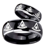 His Hers Multiple Pester Master Masonic Dome Glossy Black 2 Tone Tungsten Men's Ring Set