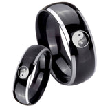 His and Hers Yin Yang Dome Glossy Black 2 Tone Tungsten Custom Mens Ring Set