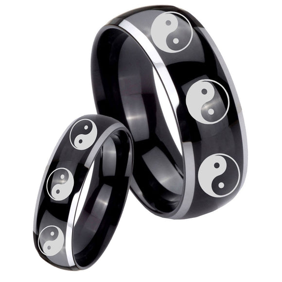 His Hers Multiple Yin Yang Dome Glossy Black 2 Tone Tungsten Men's Ring Set