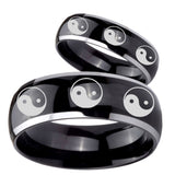 His Hers Multiple Yin Yang Dome Glossy Black 2 Tone Tungsten Men's Ring Set