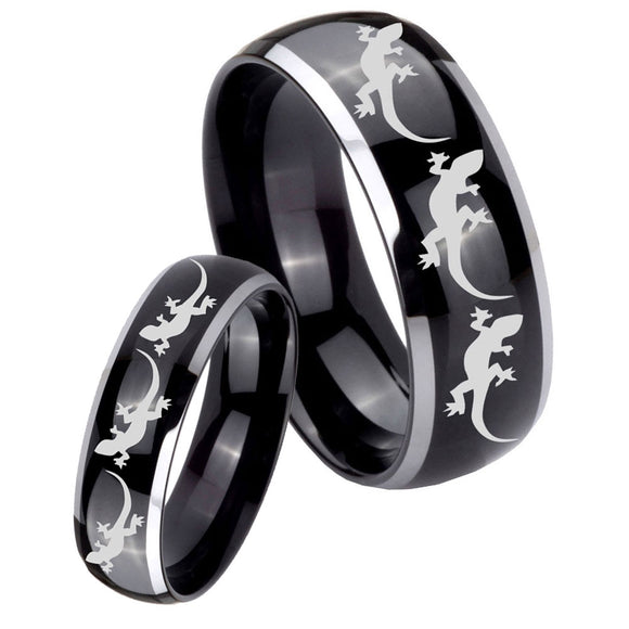 His Hers Multiple Lizard Dome Glossy Black 2 Tone Tungsten Ring Set