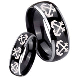 His Hers Multiple Anchor Dome Glossy Black 2 Tone Tungsten Men's Band Ring Set