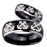 His Hers Multiple Anchor Dome Glossy Black 2 Tone Tungsten Men's Band Ring Set