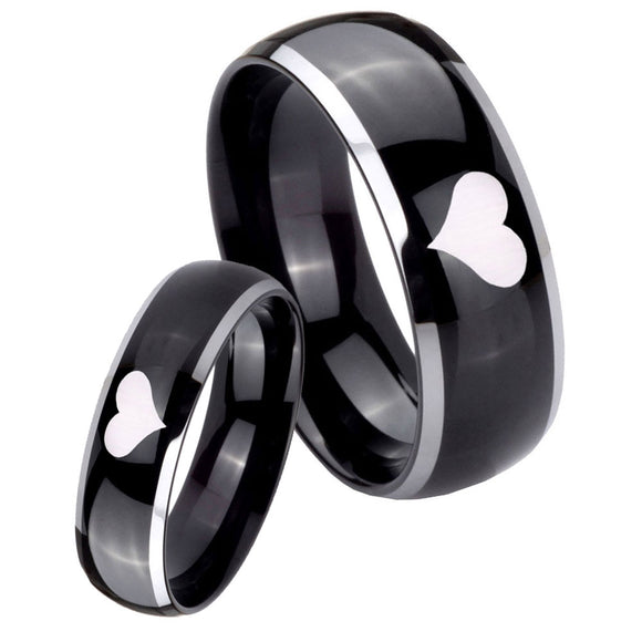 His Hers Heart Dome Glossy Black 2 Tone Tungsten Mens Ring Personalized Set