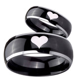 His Hers Heart Dome Glossy Black 2 Tone Tungsten Mens Ring Personalized Set