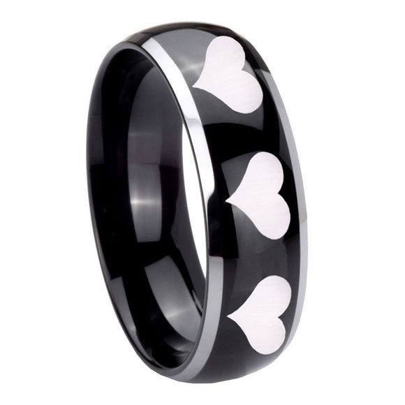 10mm Multiple Heart Dome Glossy Black 2 Tone Tungsten Custom Ring for Men