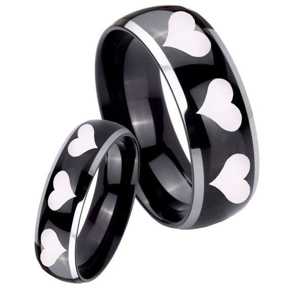 His Hers Multiple Heart Dome Glossy Black 2 Tone Tungsten Custom Ring Set