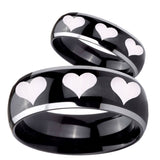 His Hers Multiple Heart Dome Glossy Black 2 Tone Tungsten Custom Ring Set