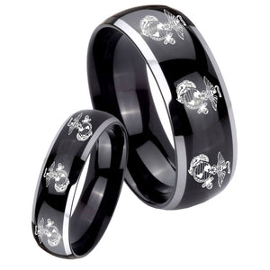 His Hers Multiple Marine Dome Glossy Black 2 Tone Tungsten Mens Ring Set