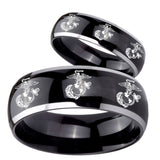 His Hers Multiple Marine Dome Glossy Black 2 Tone Tungsten Mens Ring Set