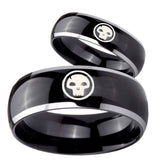 Bride and Groom Skull Dome Glossy Black 2 Tone Tungsten Wedding Band Ring Set