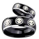 His Hers Multiple Skull Dome Glossy Black 2 Tone Tungsten Men Rings Set