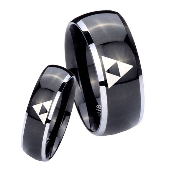 His Hers Zelda Triforce Dome Glossy Black 2 Tone Tungsten Wedding Bands Ring Set