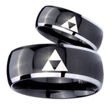 His Hers Zelda Triforce Dome Glossy Black 2 Tone Tungsten Wedding Bands Ring Set