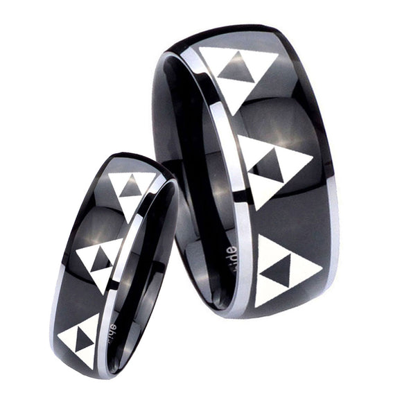 His Hers Multiple Zelda Triforce Dome Glossy Black 2 Tone Tungsten Engagement Ring Set