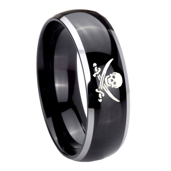 10mm Skull Pirate Dome Glossy Black 2 Tone Tungsten Carbide Custom Ring for Men