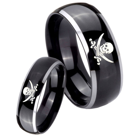 His Hers Skull Pirate Dome Glossy Black 2 Tone Tungsten Men's Wedding Ring Set