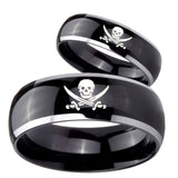 His Hers Skull Pirate Dome Glossy Black 2 Tone Tungsten Men's Wedding Ring Set