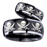 His Hers Multiple Skull Pirate Dome Glossy Black 2 Tone Tungsten Mens Band Set