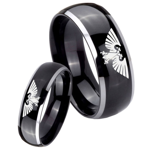 Bride and Groom Aquila Dome Glossy Black 2 Tone Tungsten Mens Bands Ring Set