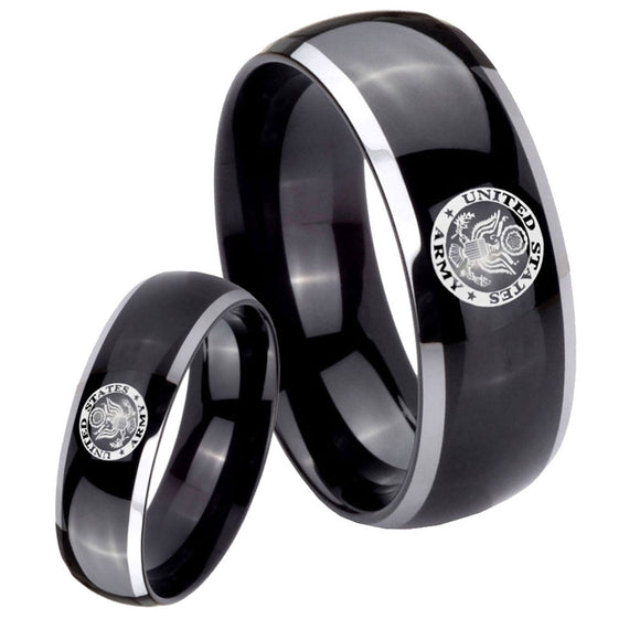 His Hers U.S. Army Dome Glossy Black 2 Tone Tungsten Bands Ring Set