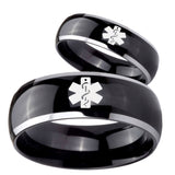 His Hers Medical Alert Dome Glossy Black 2 Tone Tungsten Mens Wedding Band Set