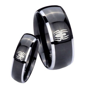 His Hers Spiderman Dome Glossy Black 2 Tone Tungsten Mens Engagement Ring Set