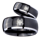 His Hers Spiderman Dome Glossy Black 2 Tone Tungsten Mens Engagement Ring Set