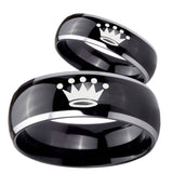 His and Hers Crown Dome Glossy Black 2 Tone Tungsten Men's Wedding Band Set