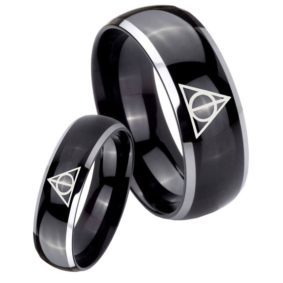 His Hers Deathly Hallows Dome Glossy Black 2 Tone Tungsten Personalized Ring Set