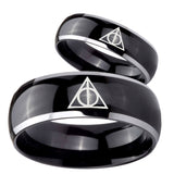 His Hers Deathly Hallows Dome Glossy Black 2 Tone Tungsten Personalized Ring Set