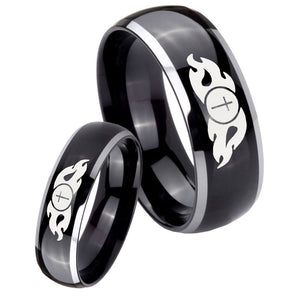 Bride and Groom Flamed Cross Dome Glossy Black 2 Tone Tungsten Men's Ring Set