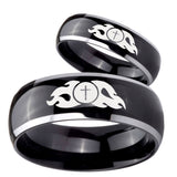 Bride and Groom Flamed Cross Dome Glossy Black 2 Tone Tungsten Men's Ring Set