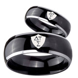 His Hers Greek CTR Dome Glossy Black 2 Tone Tungsten Mens Ring Engraved Set