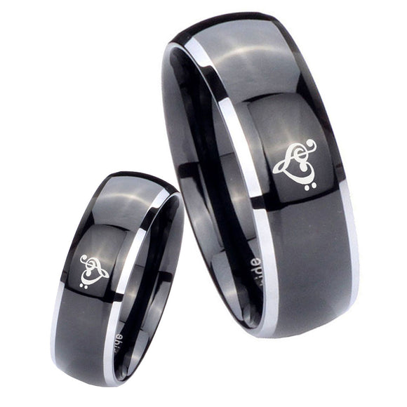 Bride and Groom Music & Heart Dome Glossy Black 2 Tone Tungsten Mens Ring Set