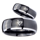 Bride and Groom Music & Heart Dome Glossy Black 2 Tone Tungsten Mens Ring Set