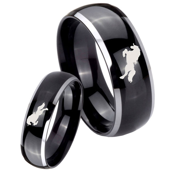 Bride and Groom Horse Dome Glossy Black 2 Tone Tungsten Mens Wedding Ring Set