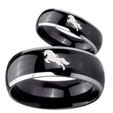 Bride and Groom Horse Dome Glossy Black 2 Tone Tungsten Mens Wedding Ring Set