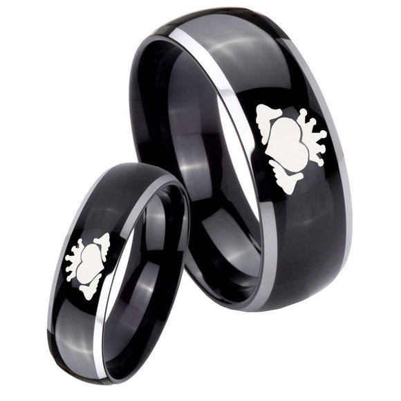 His Hers Claddagh Design Dome Glossy Black 2 Tone Tungsten Personalized Ring Set